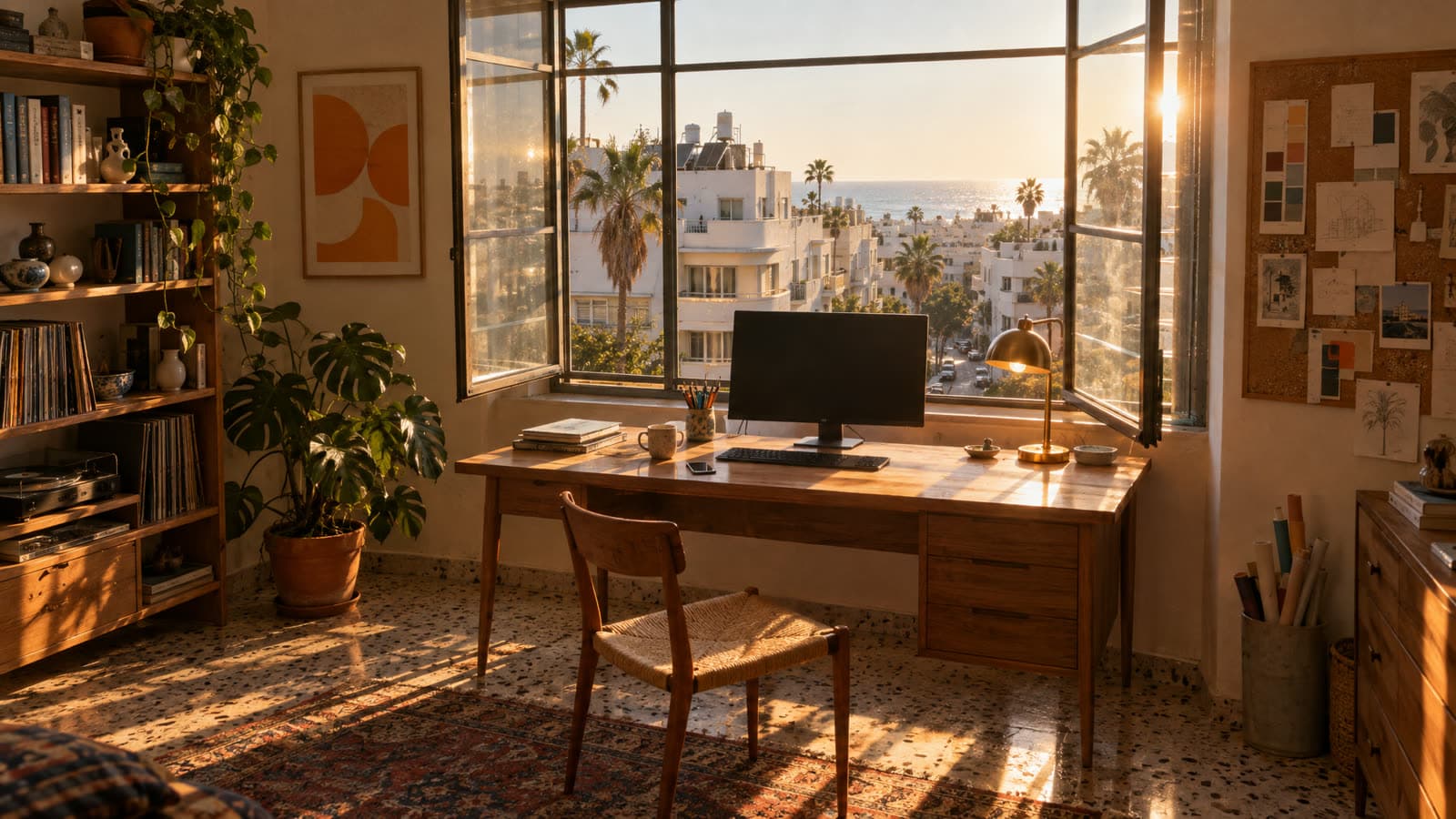 An empty home office with an oak desk at an open window, in low golden sun