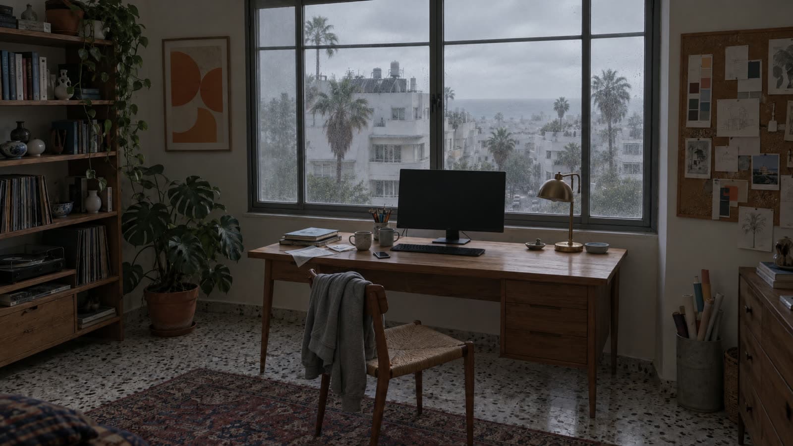 The same home office on a grey overcast morning, the window closed and the lamp off