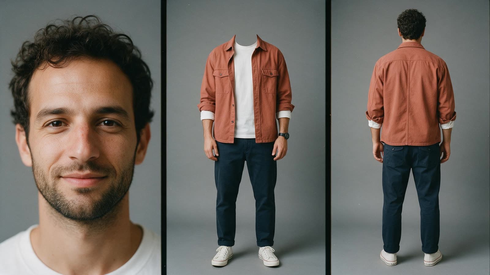 A three-panel character sheet of Tom: his head, his outfit from the front, and his back